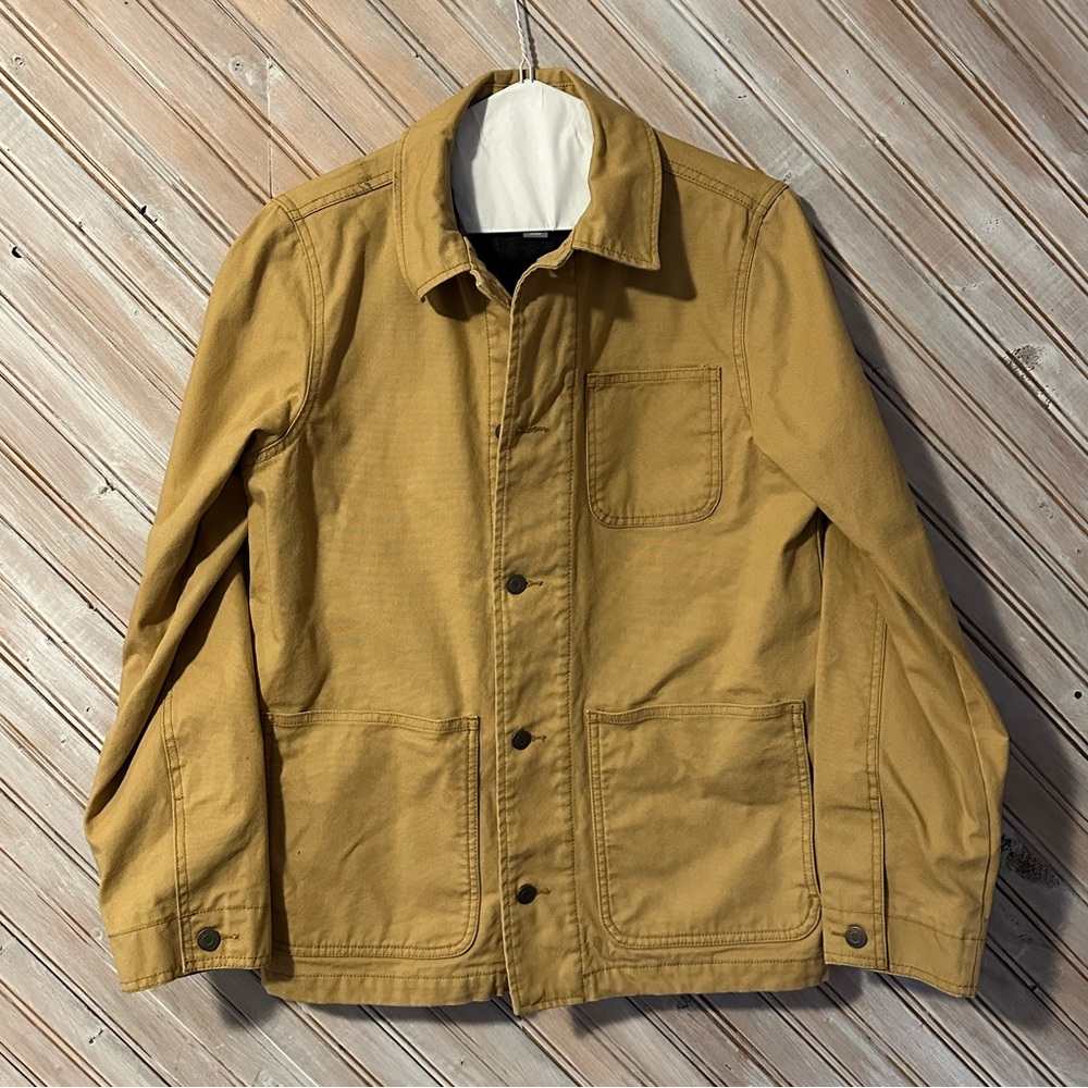 Old Navy Tan Khaki Navy Blue Plaid Lined Utility Jacket Button Up Warm Collar